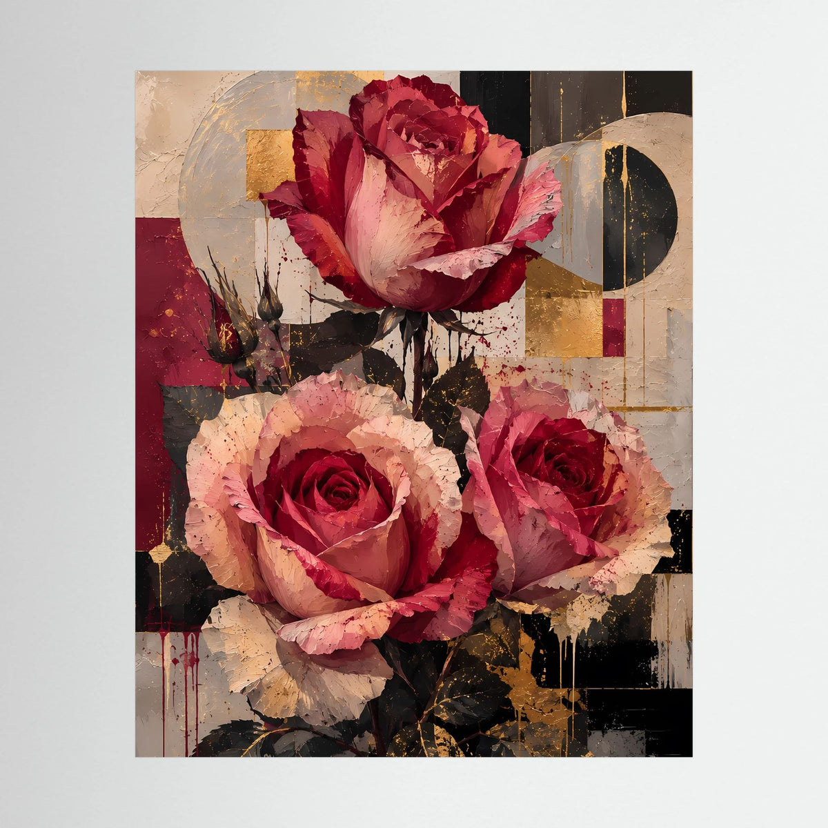 Poster im Hochformat mit abstrakter Rosenkomposition in Rot und Gold