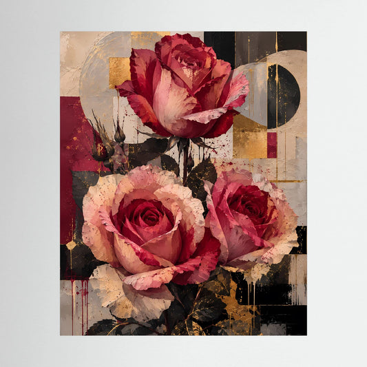 Poster im Hochformat mit abstrakter Rosenkomposition in Rot und Gold
