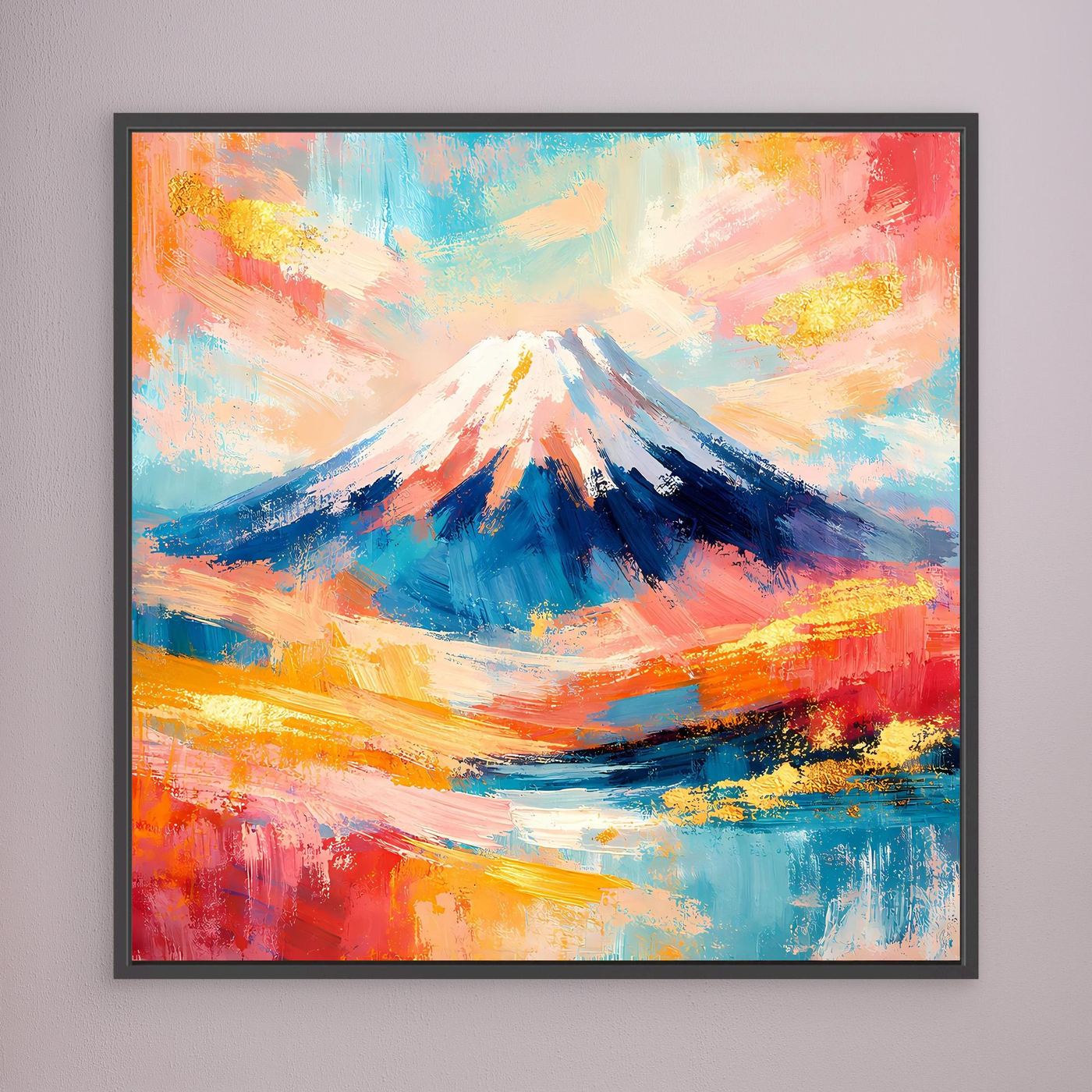 Leinwandbild mit abstraktem Mount-Fuji-Bergmotiv, schwarzer Rahmen, kräftige Farbflächen