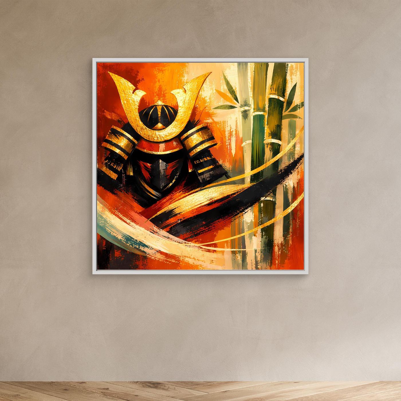 Leinwand-Wandbild mit abstraktem Samurai-Krieger und Bambus, weißer Rahmen