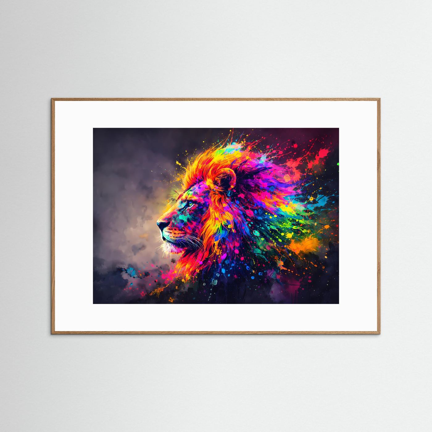 Wandbild mit Löwenkopf in Regenbogenfarben, Querformat, hellbrauner Holzrahmen