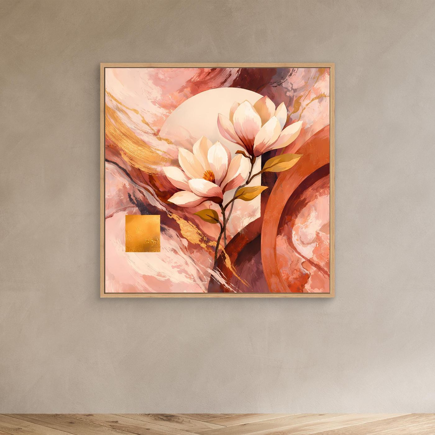 Florales Leinwandbild mit Magnolienblüten, heller Rahmen, Rosa-Orange mit Goldakzent