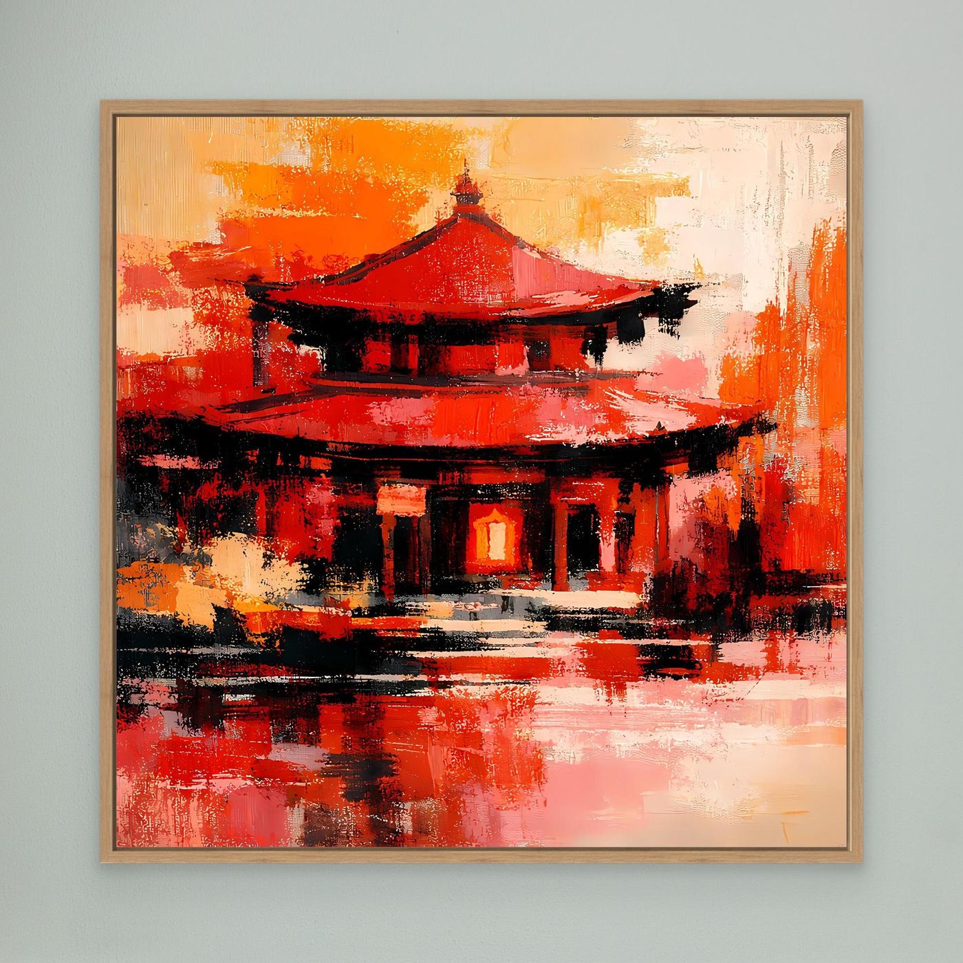 Wandbild mit Pagode in Rot-Orange, schwarze Konturen, im hellen Holzrahmen