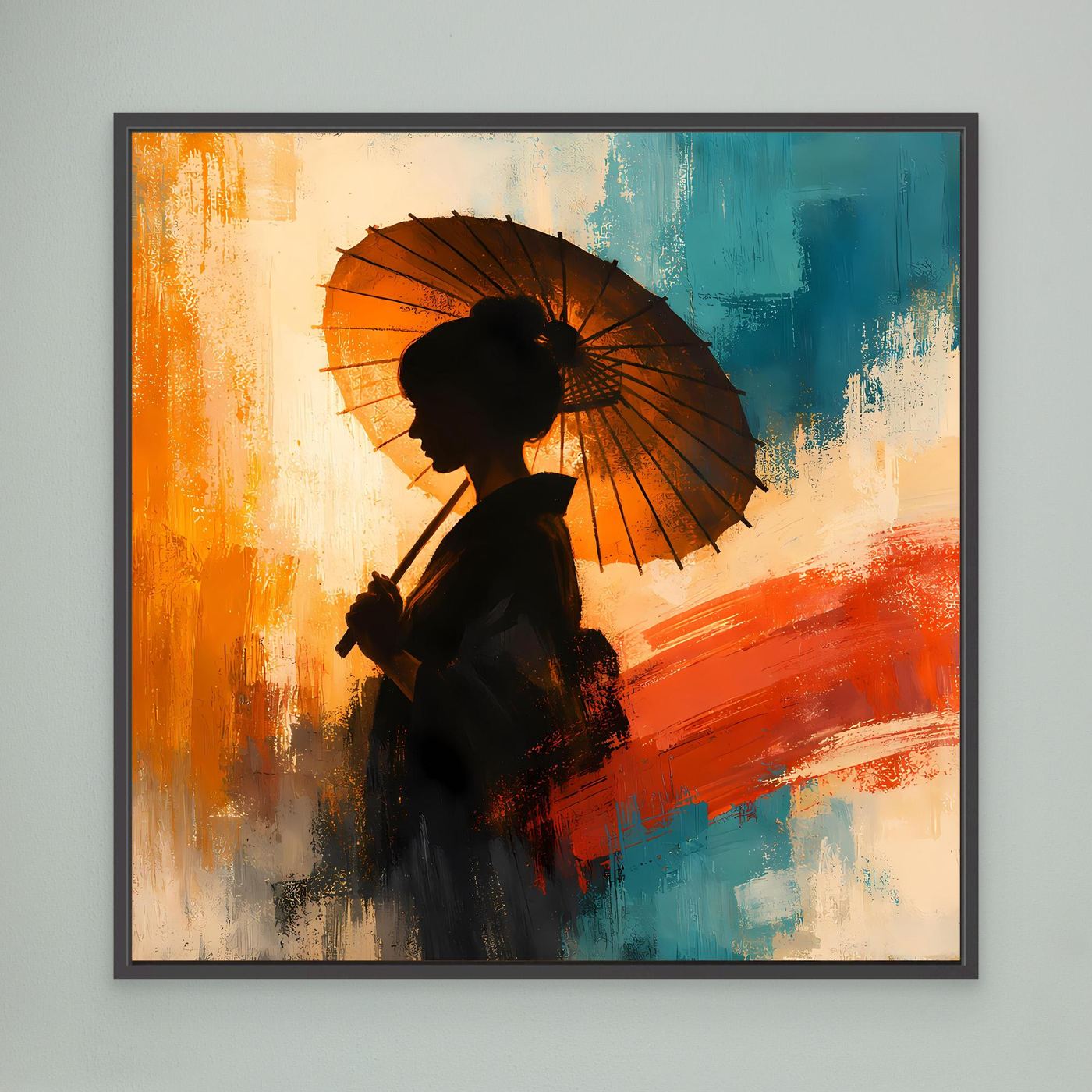 Leinwand Elegante Frau mit Sonnenschirm | Ästhetisches Japanisches Wandbild auf Keilrahmen