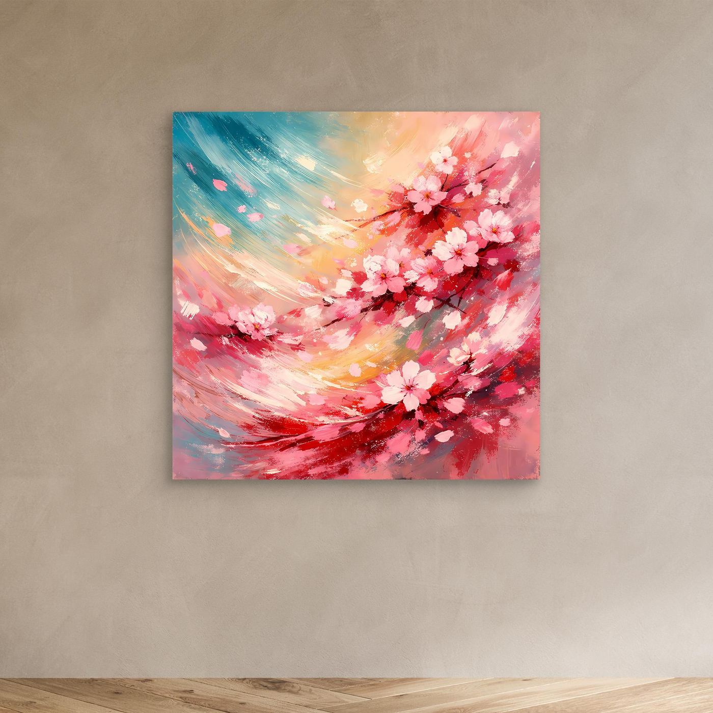 Leinwandbild mit abstrakten Kirschblüten in Rosa und Türkis, ohne Rahmen