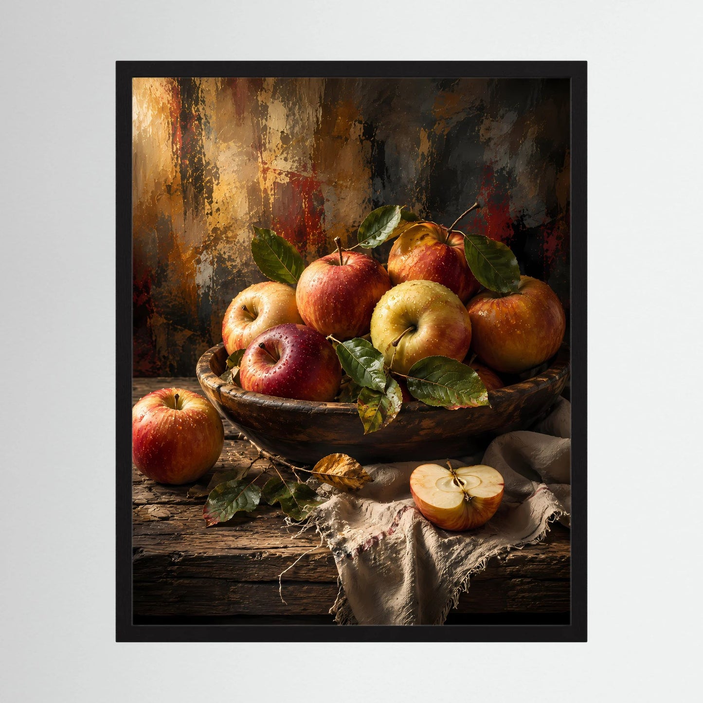 Poster im Hochformat mit Apfel-Stillleben in schwarzem Rahmen: rote und gelbe Äpfel