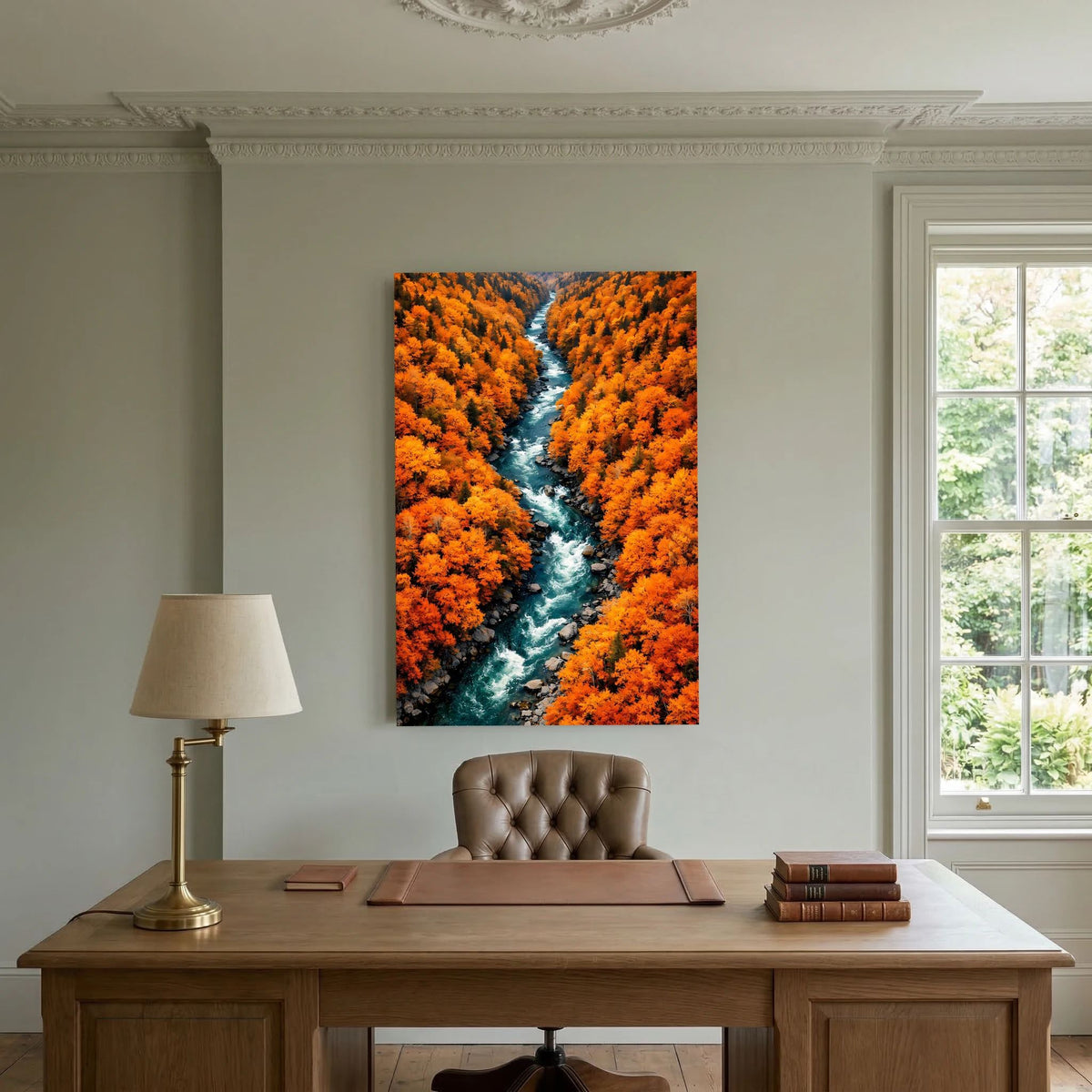Wandbild im Hochformat mit Fluss durch Herbstwald, leuchtende orange Baumreihen