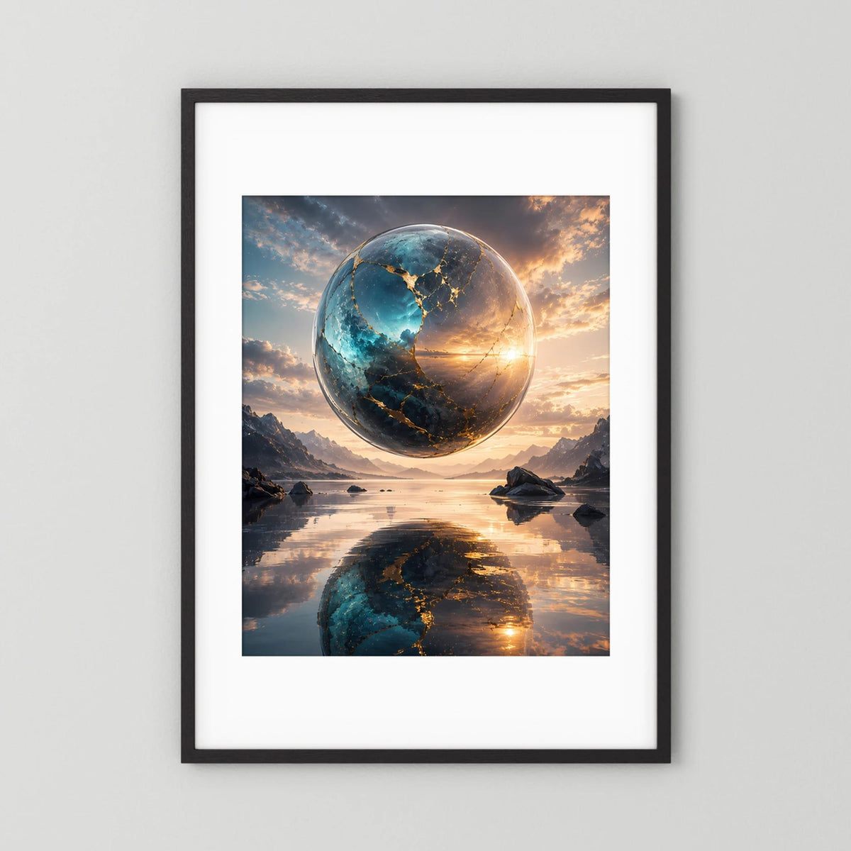 Hochformat-Poster mit schwebender Erdkugel in Blau und Gold und Spiegelung im Wasser, schwarzer Rahmen
