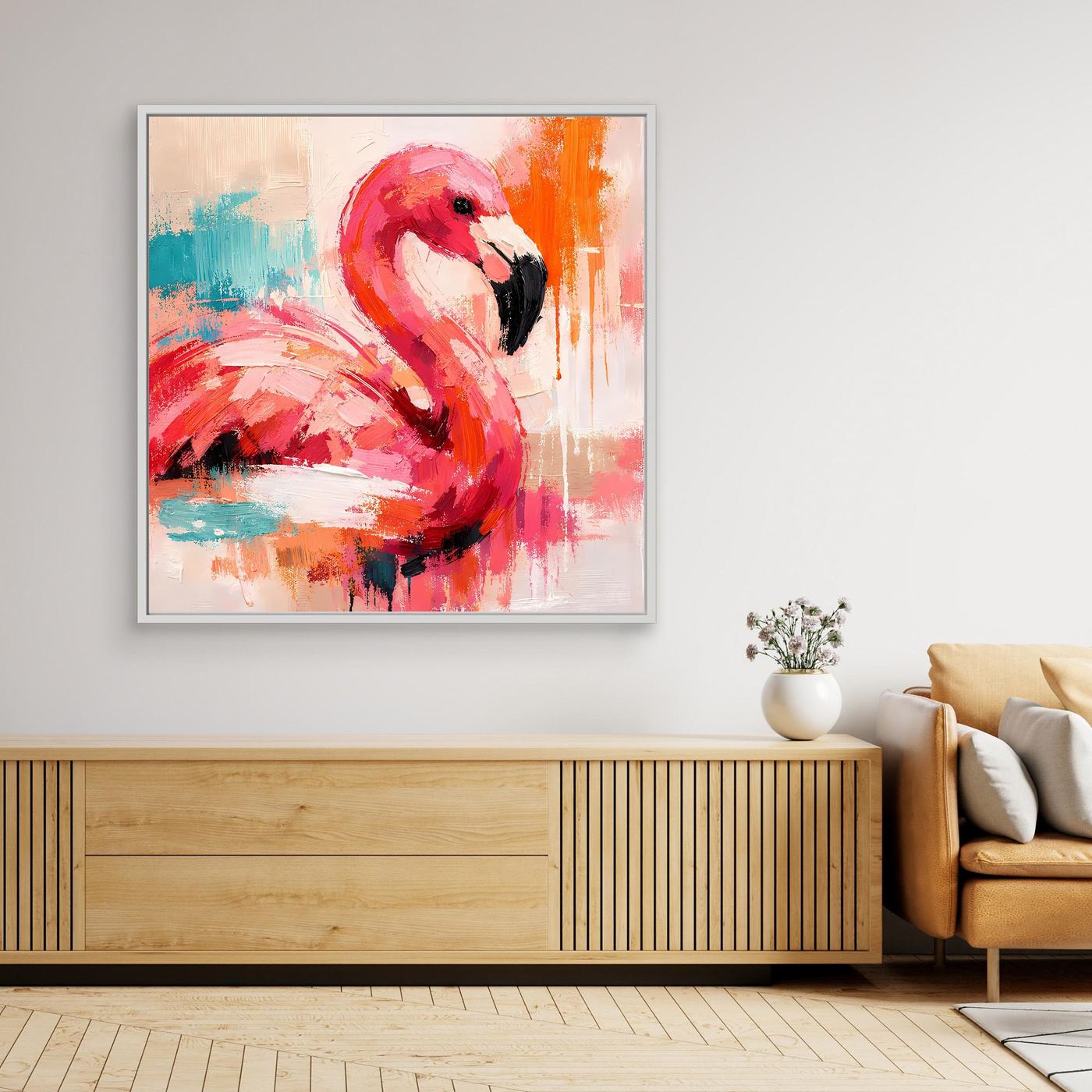 Gerahmtes Leinwandbild mit abstraktem Flamingo in Pink und Orange, Pop-Art-Stil