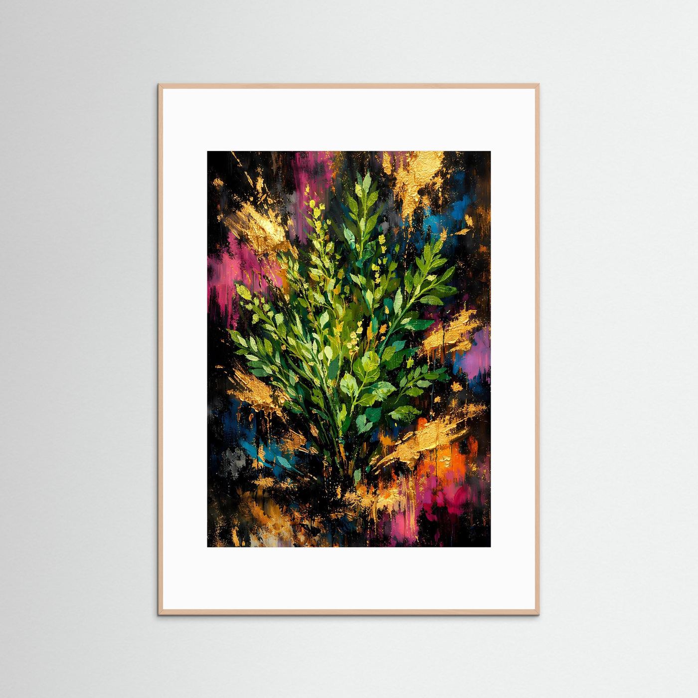 Abstraktes Eukalyptus-Poster im Hochformat, grüne Blätter mit bunten Farbspritzern, heller Holzrahmen