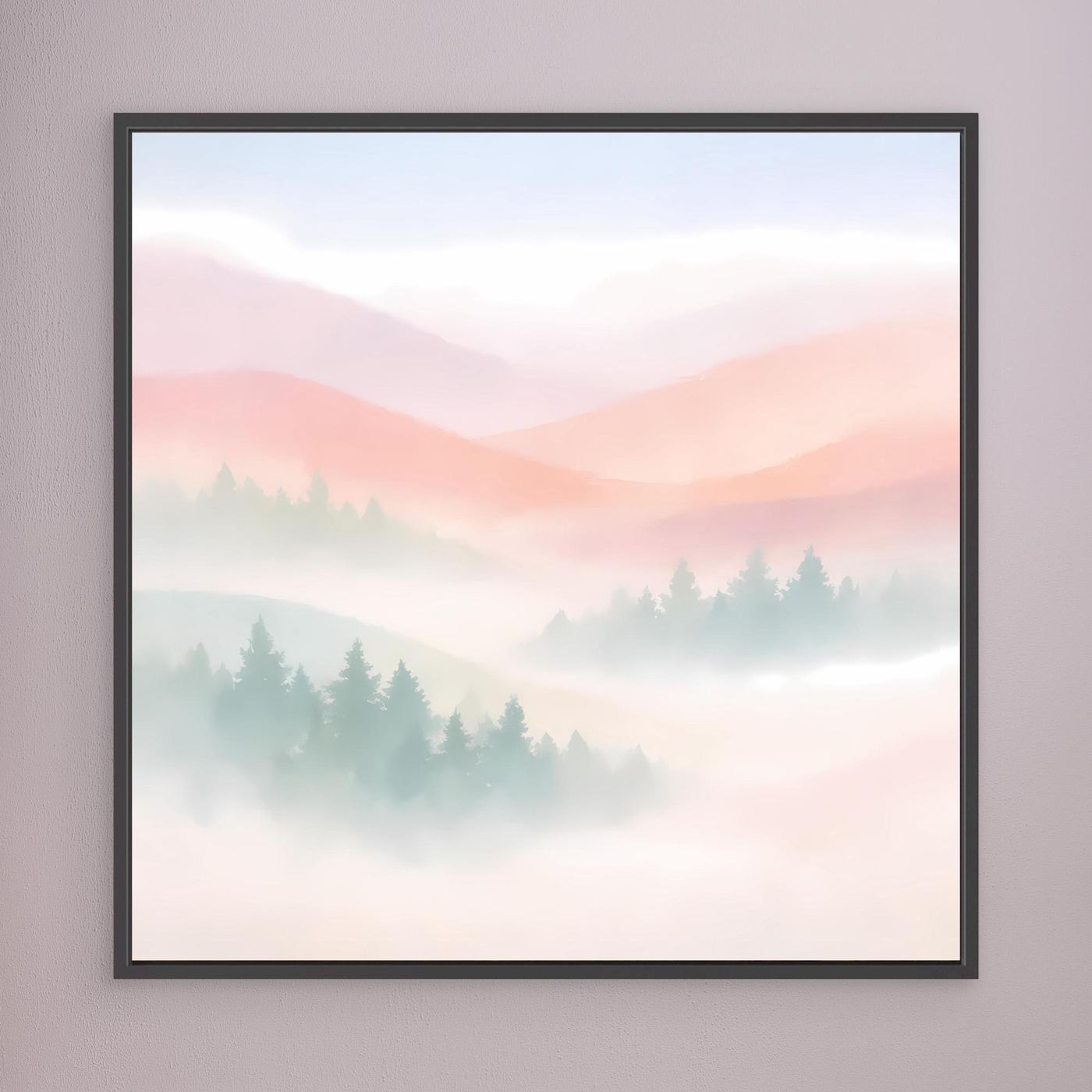 Leinwandbild mit schwarzem Rahmen, abstraktes Nebelgebirge in Pastell mit Tannen