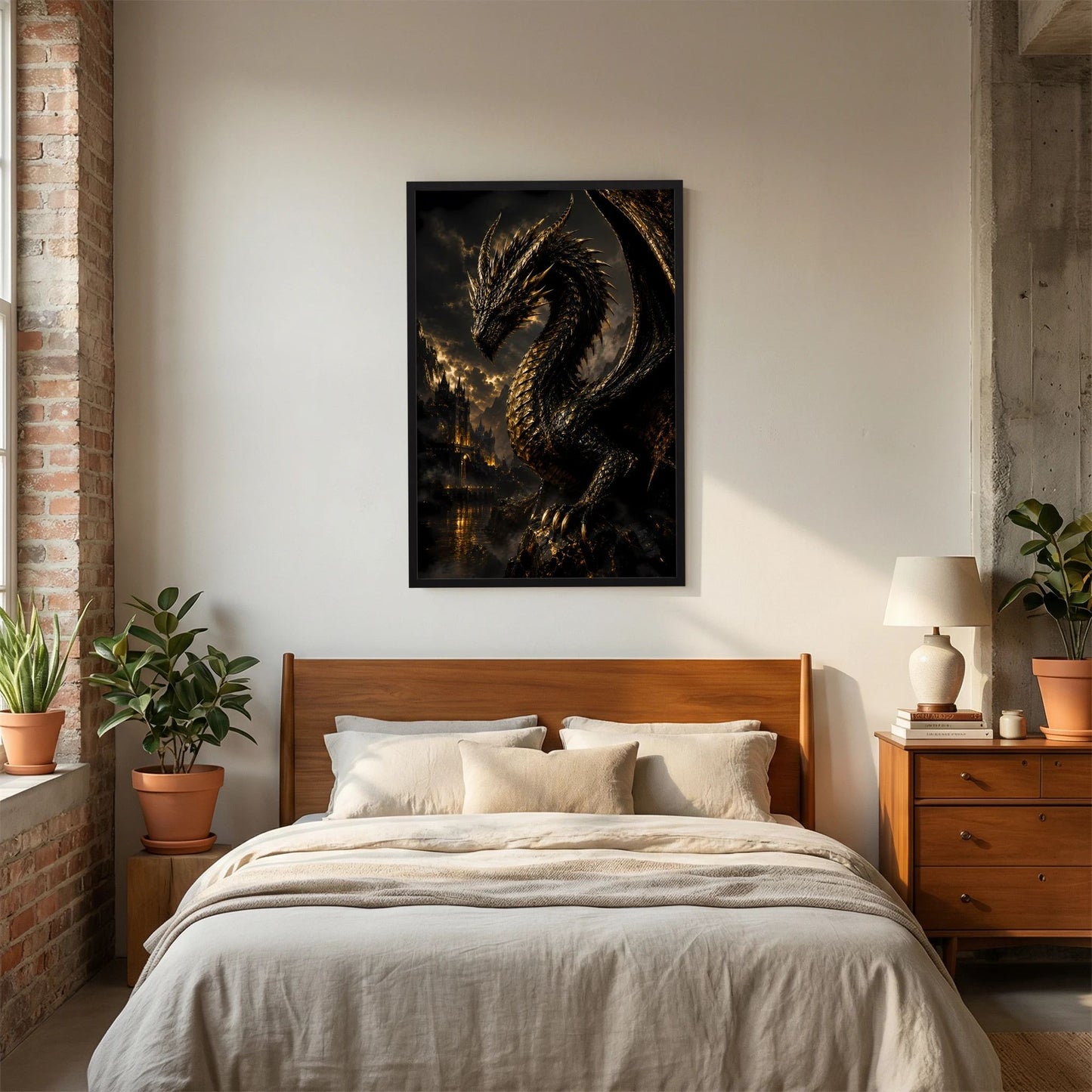Poster im schwarzen Rahmen mit schwarzem Drachen und goldenen Linien