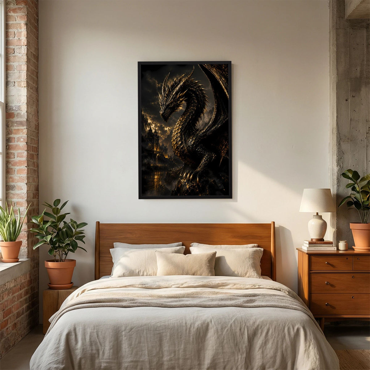Poster im schwarzen Rahmen mit schwarzem Drachen und goldenen Linien