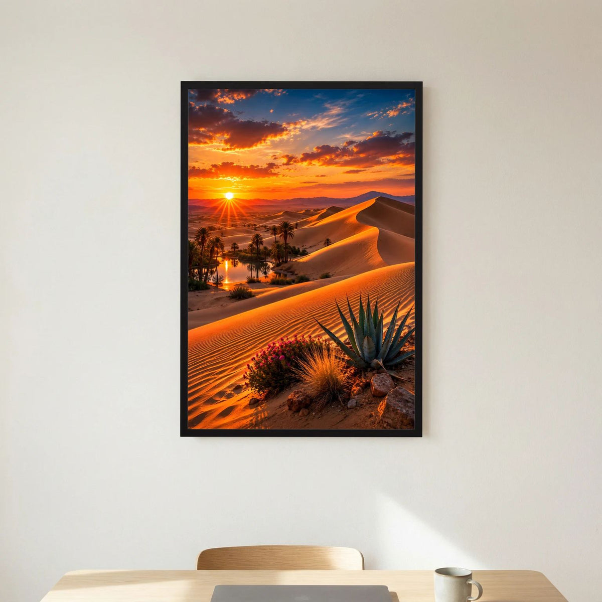 Hochformatiges Wüstenlandschafts-Poster mit Sonnenuntergang, schwarzer Rahmen auf heller Wand