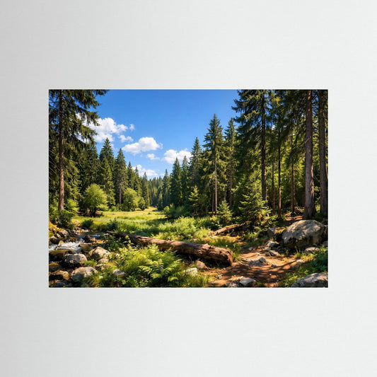 Naturposter mit Nadelwald und Bach, Panorama, dunkler Holzrahmen