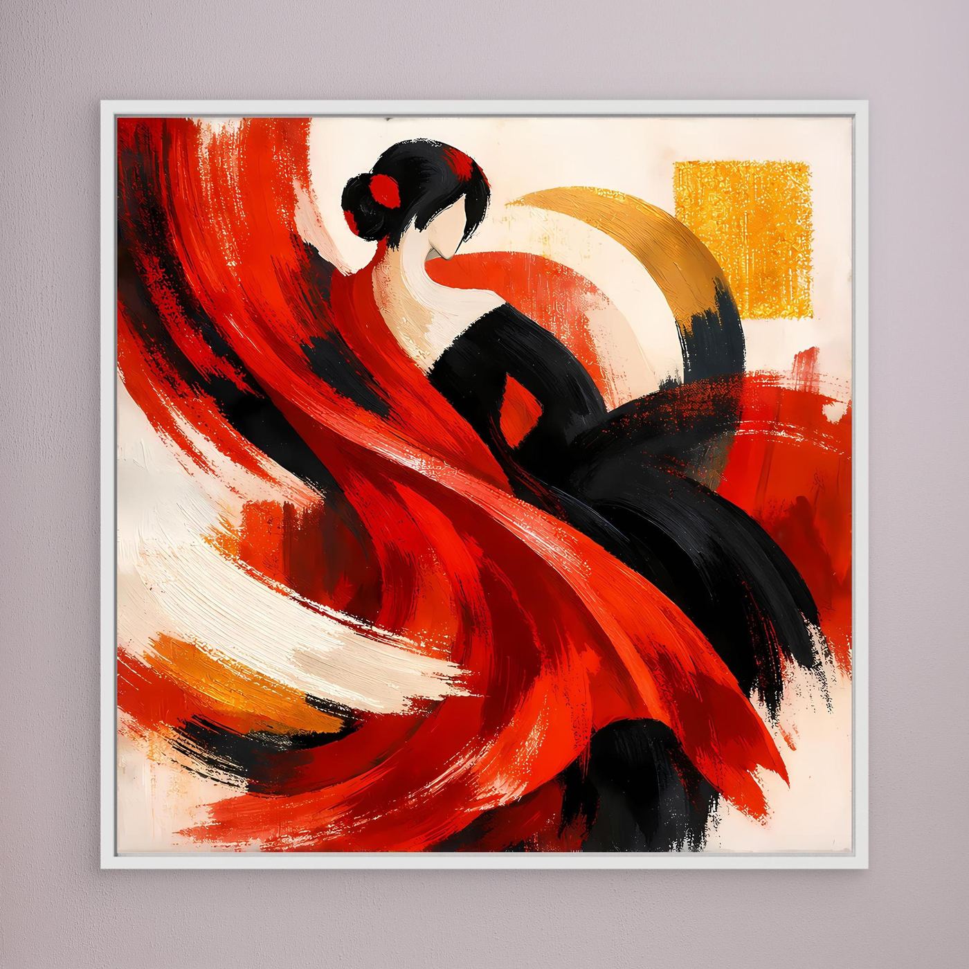 Leinwandbild mit abstrakter Flamenco-Tänzerin in Rot und Schwarz mit weißem Holzrahmen