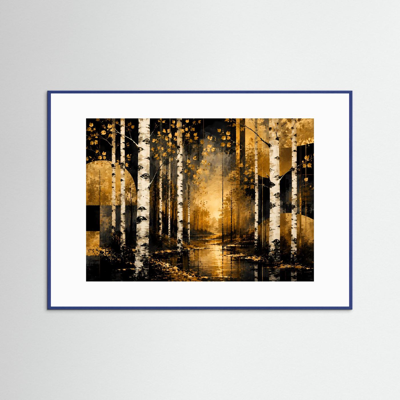 Goldener Birkenwald im Abendlicht | Abstrakte Waldlandschaft mit weißen Birken in Schwarz, Gold & Creme | Elegantes Natur Wandbild im Querformat mit moderner geometrischer Kunst