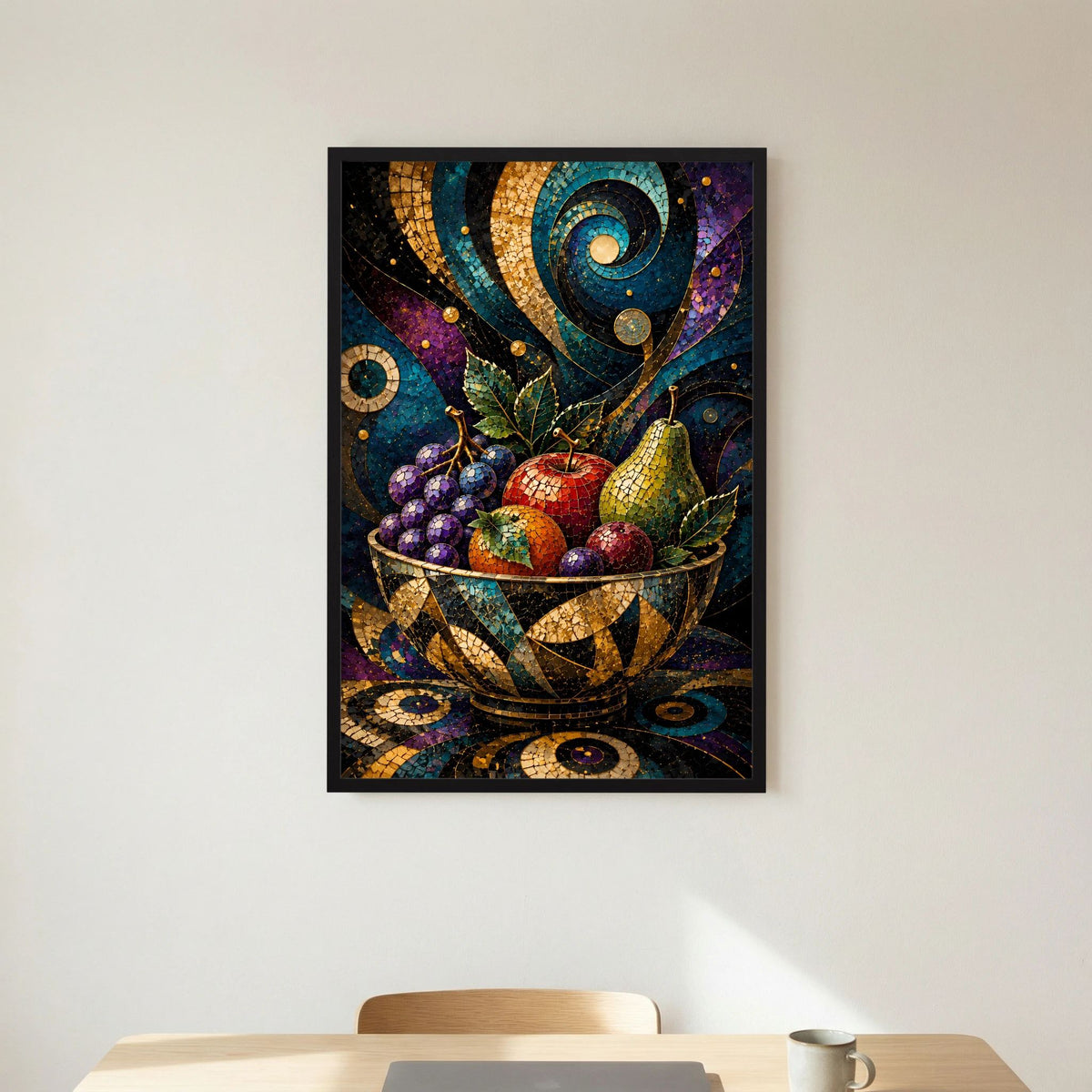 Gerahmtes Hochformat-Poster: Mosaik-Obstschale mit Trauben, Körnerfrüchten und Blättern