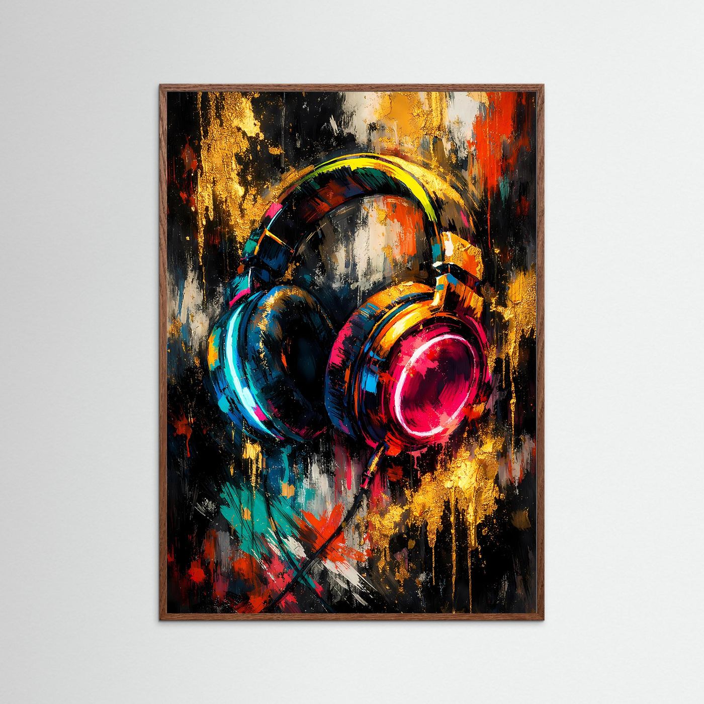 Musik-Poster mit abstrakten Kopfhörern in Blau, Rot und Gold im hellbraunen Rahmen