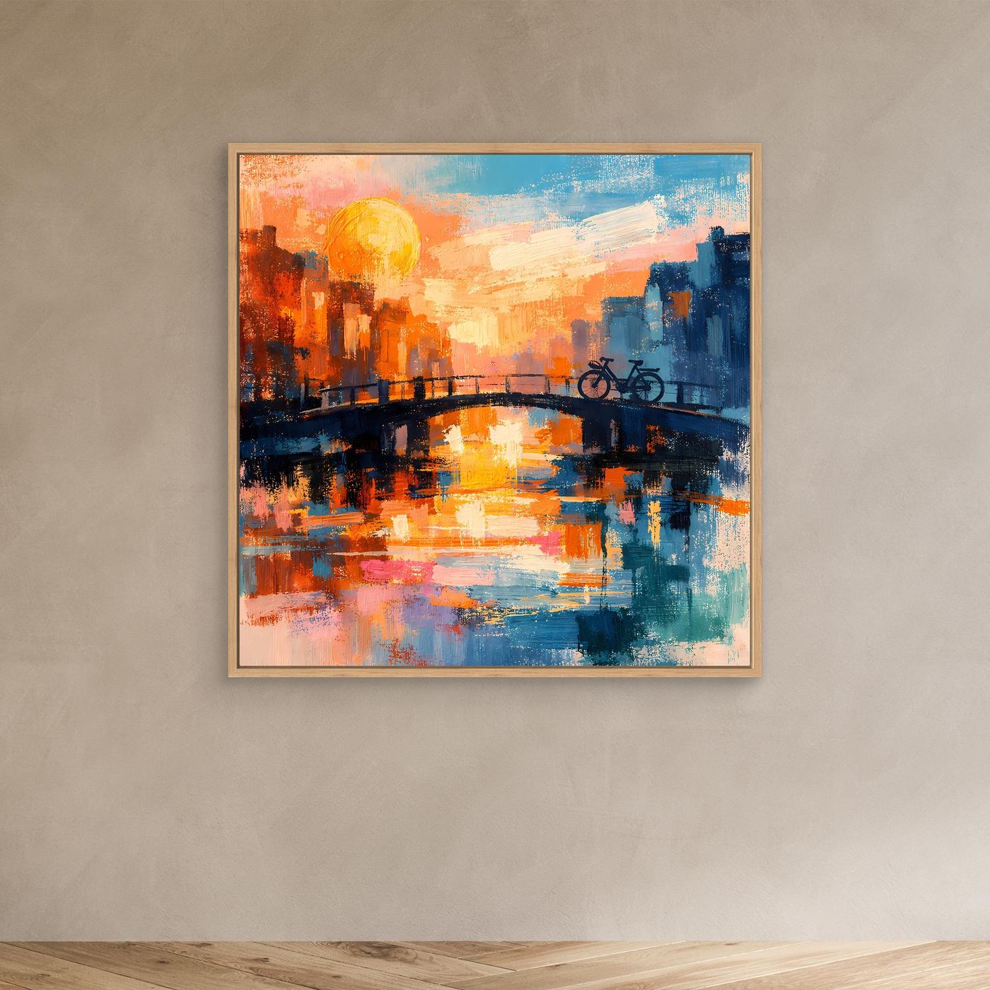 Leinwand Abstraktes Amsterdam Gemälde | Modernes Romantisches Grachten Wandbild mit Fahrrad
