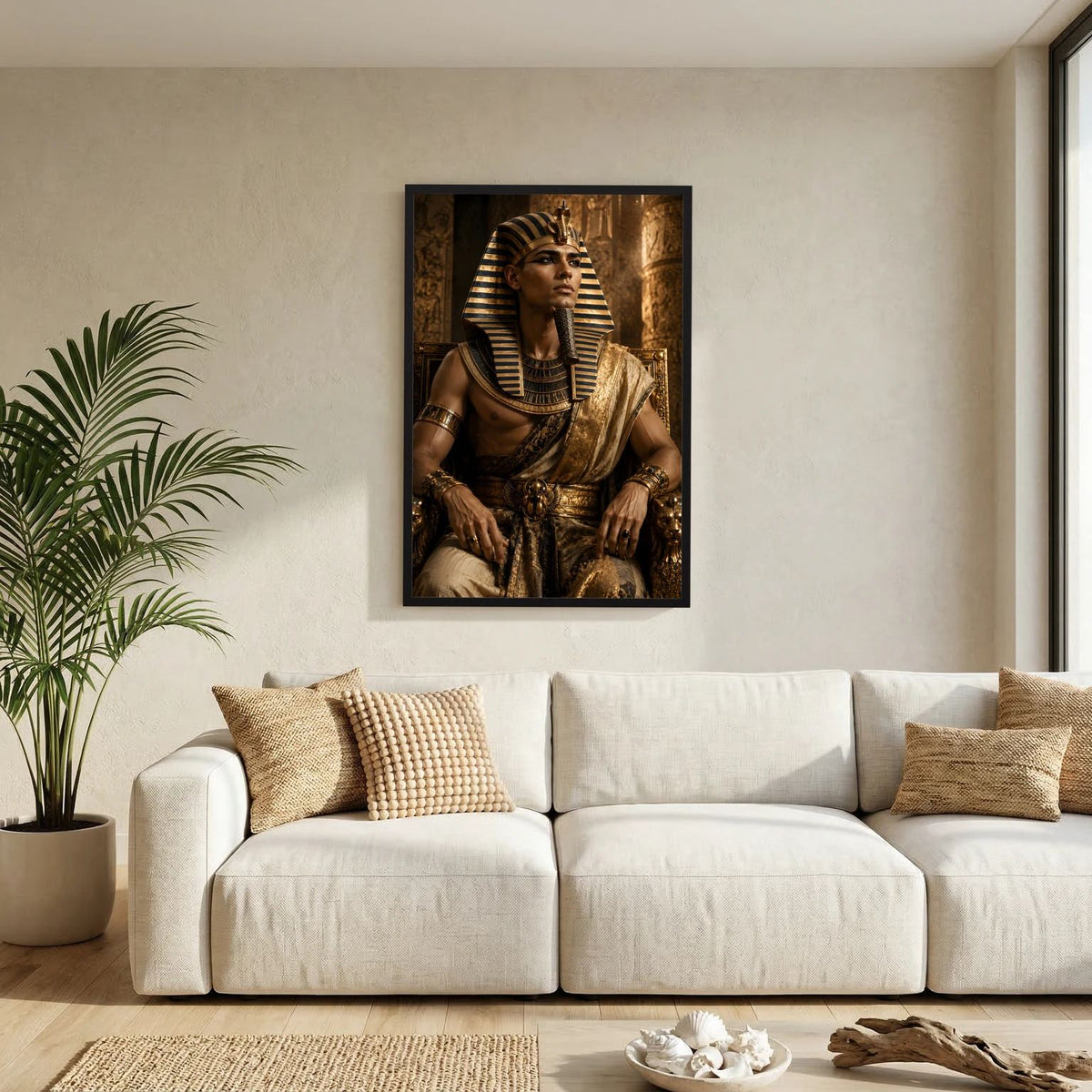 Hochformatiges Wandposter mit schwarzem Rahmen: ägyptischer Pharao im goldenen Gewand