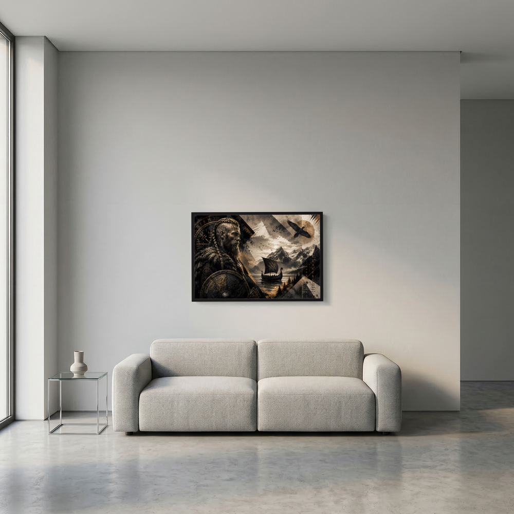 Kleines Wandposter im Querformat mit Wikingerkrieger, Langschiff und Rabenmotiv in Schwarz-Gold.