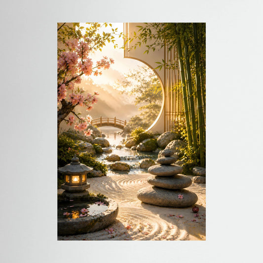 Hochformat-Poster Zen-Garten mit Bambus, Kirschblüten, Steinen und Laterne, rundem Lichtbogen