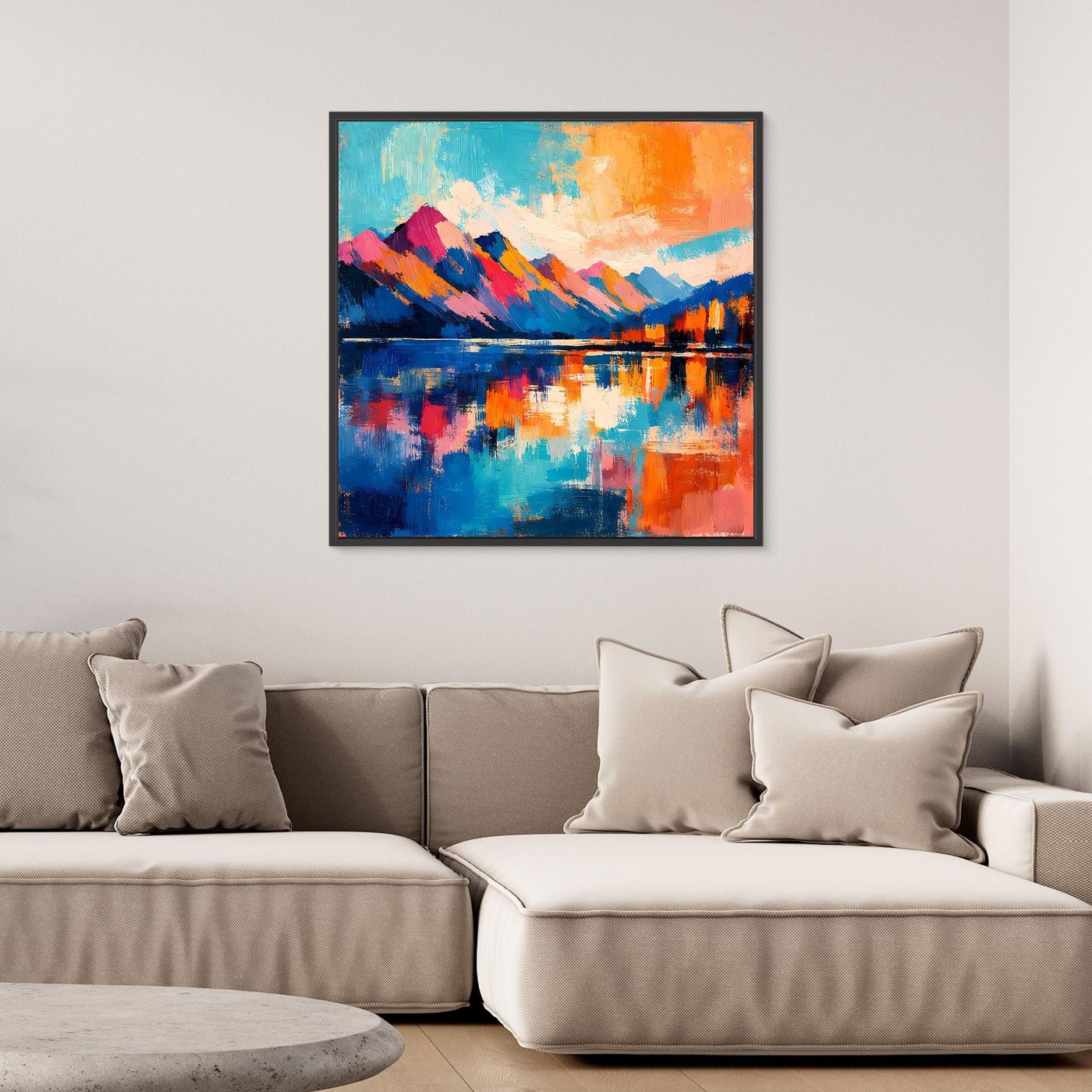 Gerahmtes Wandbild auf Leinwand: abstrakte Bergkette in kräftigen Blau-Orange-Tönen