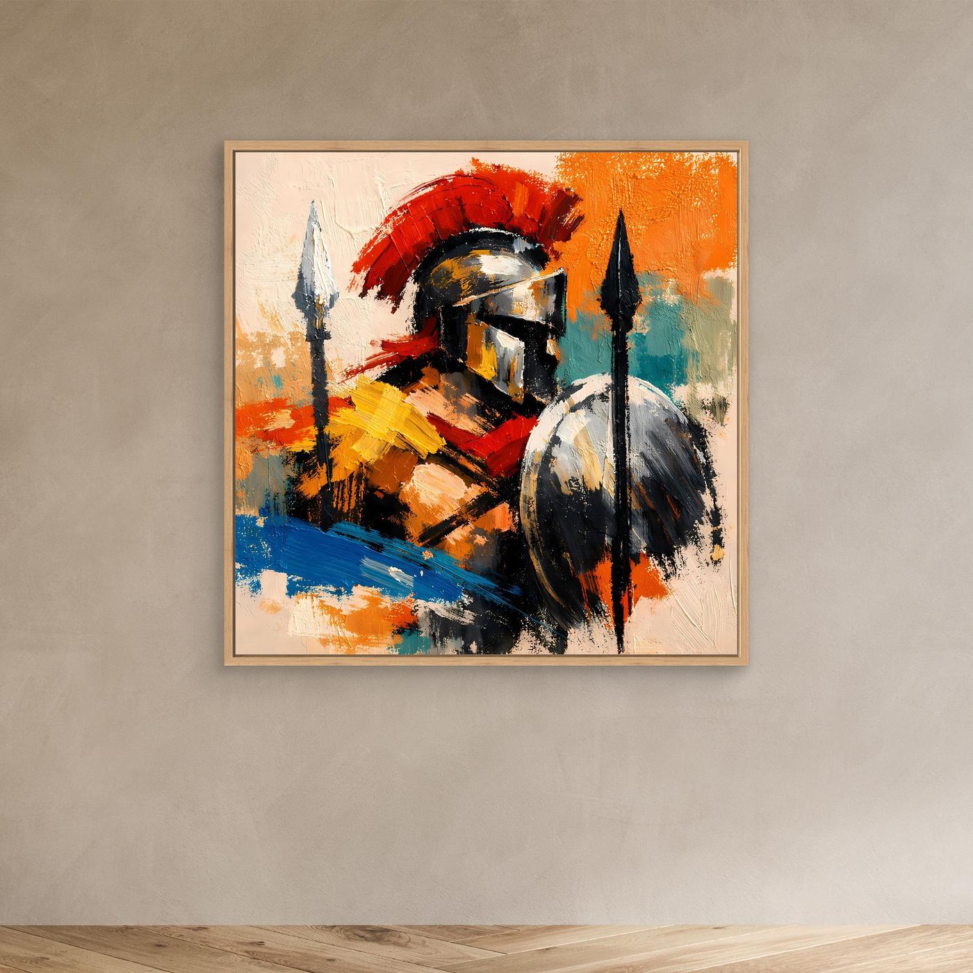 Abstract gladiator canvas wall art with helmet, shield, and spears in red, blue, orange, oak frame