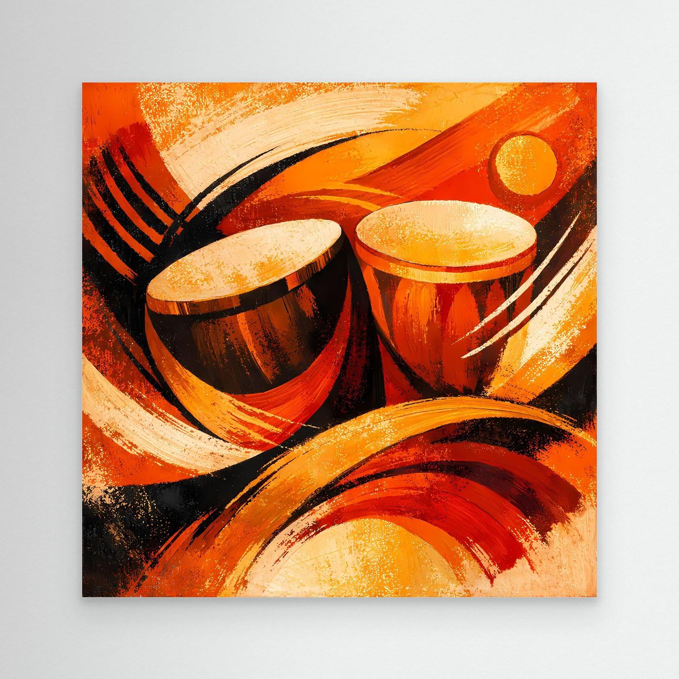 Leinwandbild mit abstrakten Trommeln und warmen Sonnenfarben in Orange, Schwarz und Creme