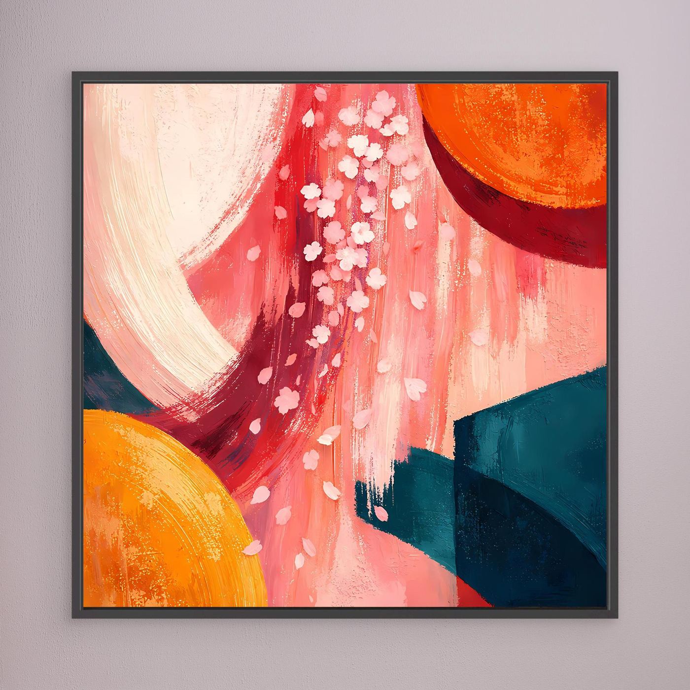 Leinwandbild abstrakte Kirschblüten in Rot, weiße Blüten; Orange und Blaugrün, schwarz gerahmt