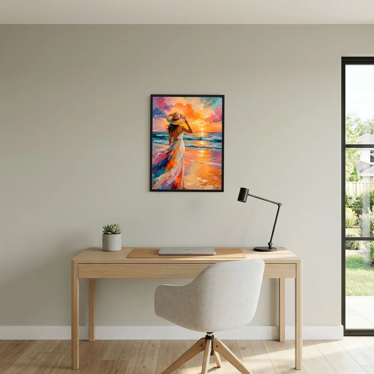 Schwarz gerahmtes Poster mit Frau am Meer bei Sonnenuntergang, farbig gemaltes Kleid