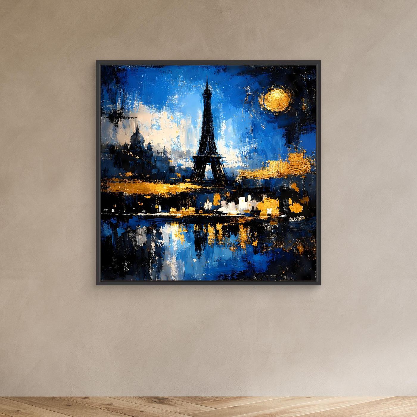 Abstraktes Wandbild mit schwarzem Rahmen: Eiffelturm bei Nacht, gelber Mond, blaue Reflexionen