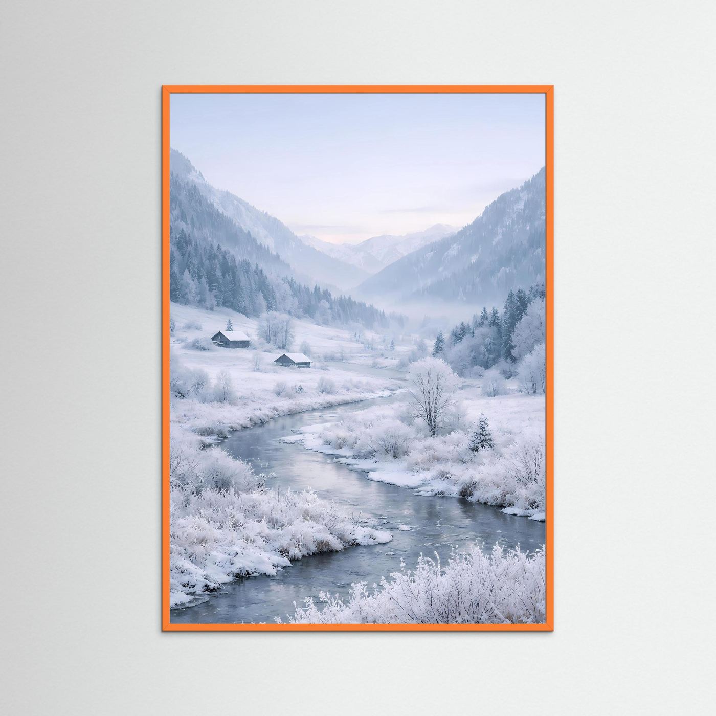 Gerahmtes Wandbild Winteralpen mit verschneitem Flusslauf, orangefarbener Rahmen