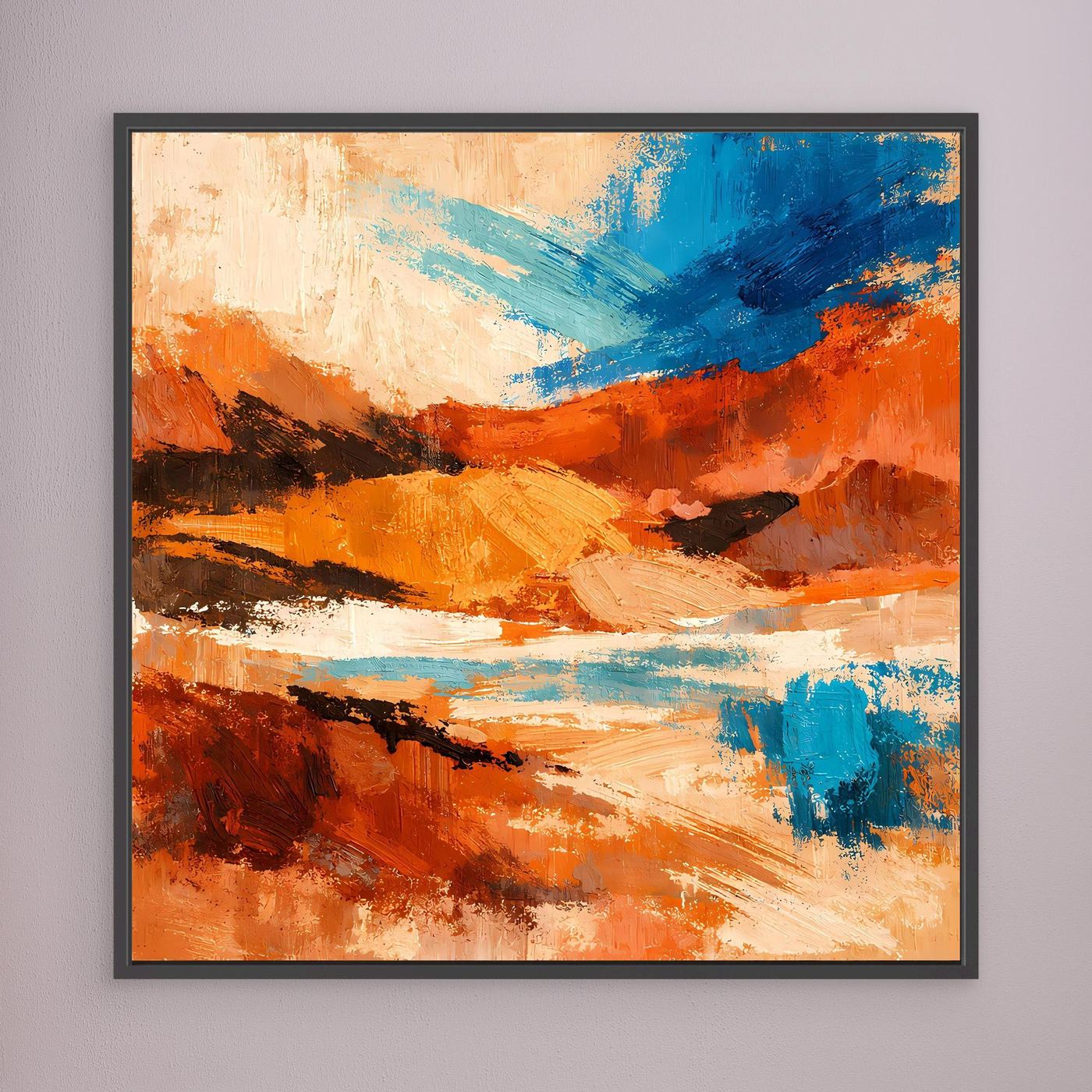 Wandbild mit abstraktem Canyon-Motiv, orange und blau, schwarz gerahmt