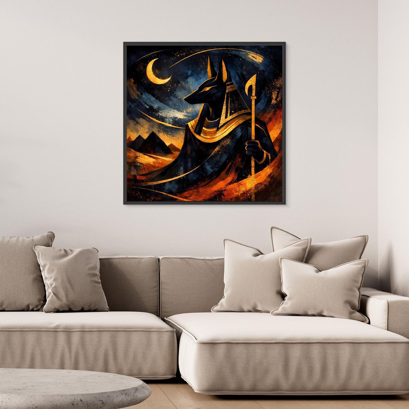 Wandbild mit Anubis in Nachtszene, schwarzer Rahmen, Leinwand