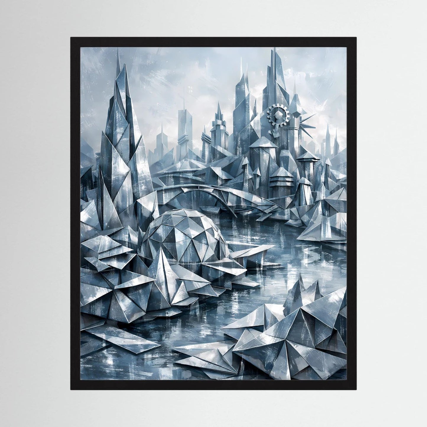 Hochformatiges Wandbild mit geometrischer Fantasy-Stadt in Silber und Blau im schwarzen Rahmen