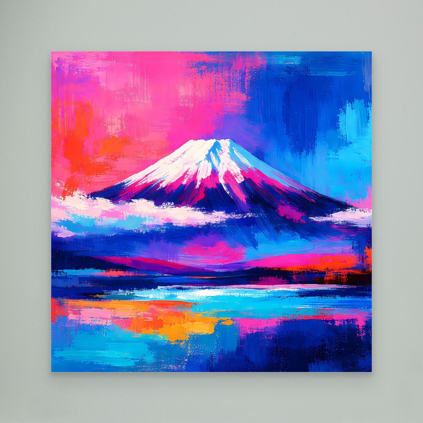 Leinwandbild Abstrakter Fuji bei Sonnenuntergang | Farbenfrohes Berg Wandbild auf echtem Holzkeilrahmen