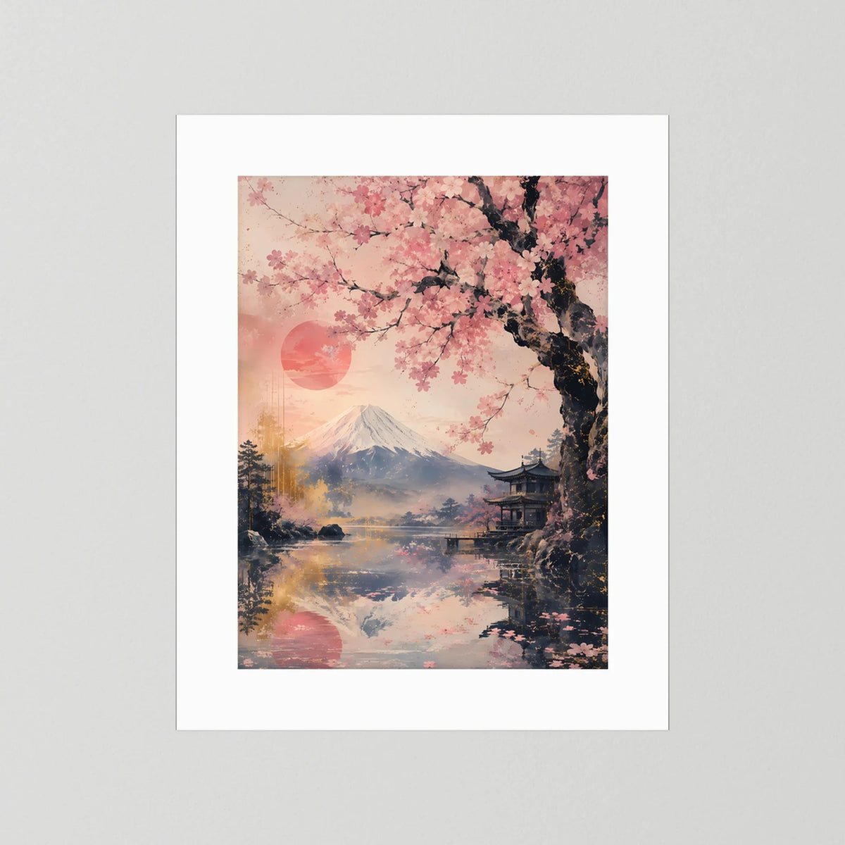 Hochformat-Poster mit weißem Rand: Sakura-Blüten über Fuji und Pagode in Rosa