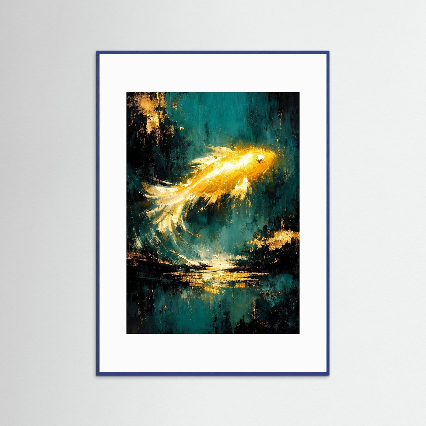 Goldfisch-Poster „Fluss des Glücks“: türkis-schwarz, goldgelber Koi im blauen Rahmen