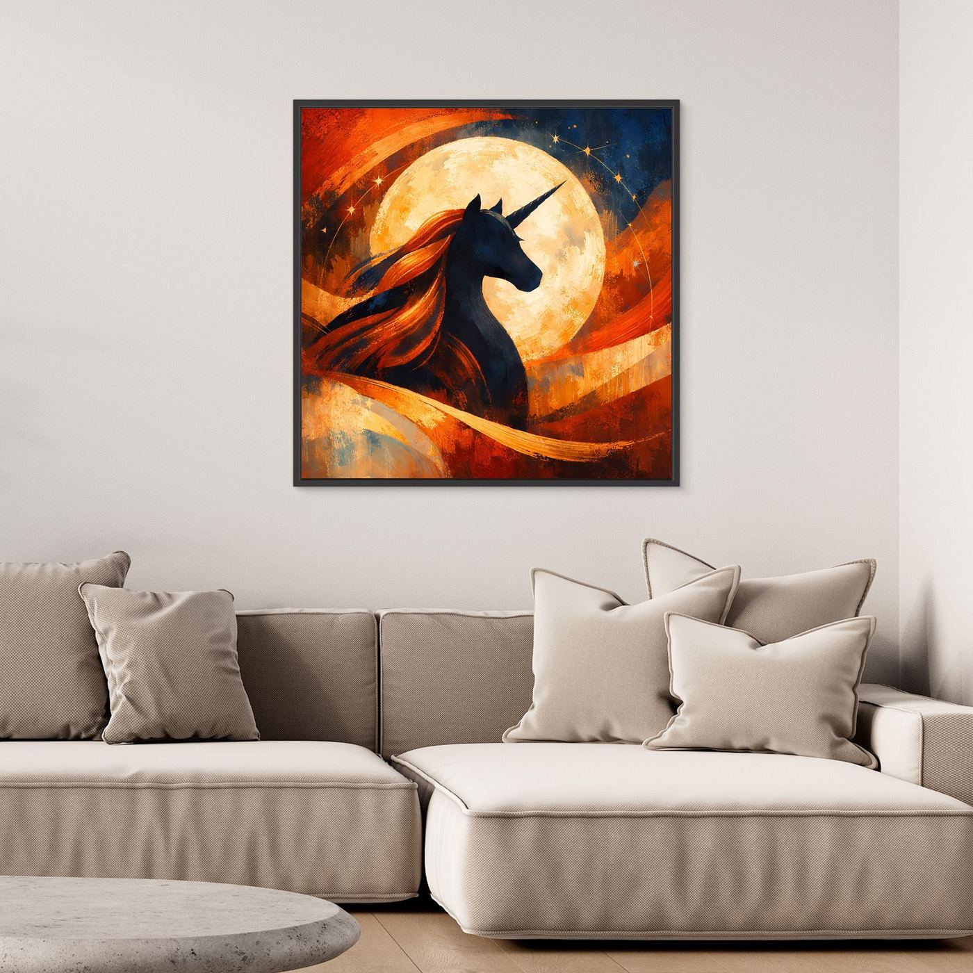 Leinwandbild mit schwarzem Einhorn im Vollmondlicht, orange-blaue Farbwirbel, dunkler Rahmen
