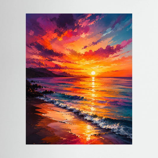 Kunstposter im Hochformat mit Sonnenuntergang am Meer, orange-violette Farben und Strand