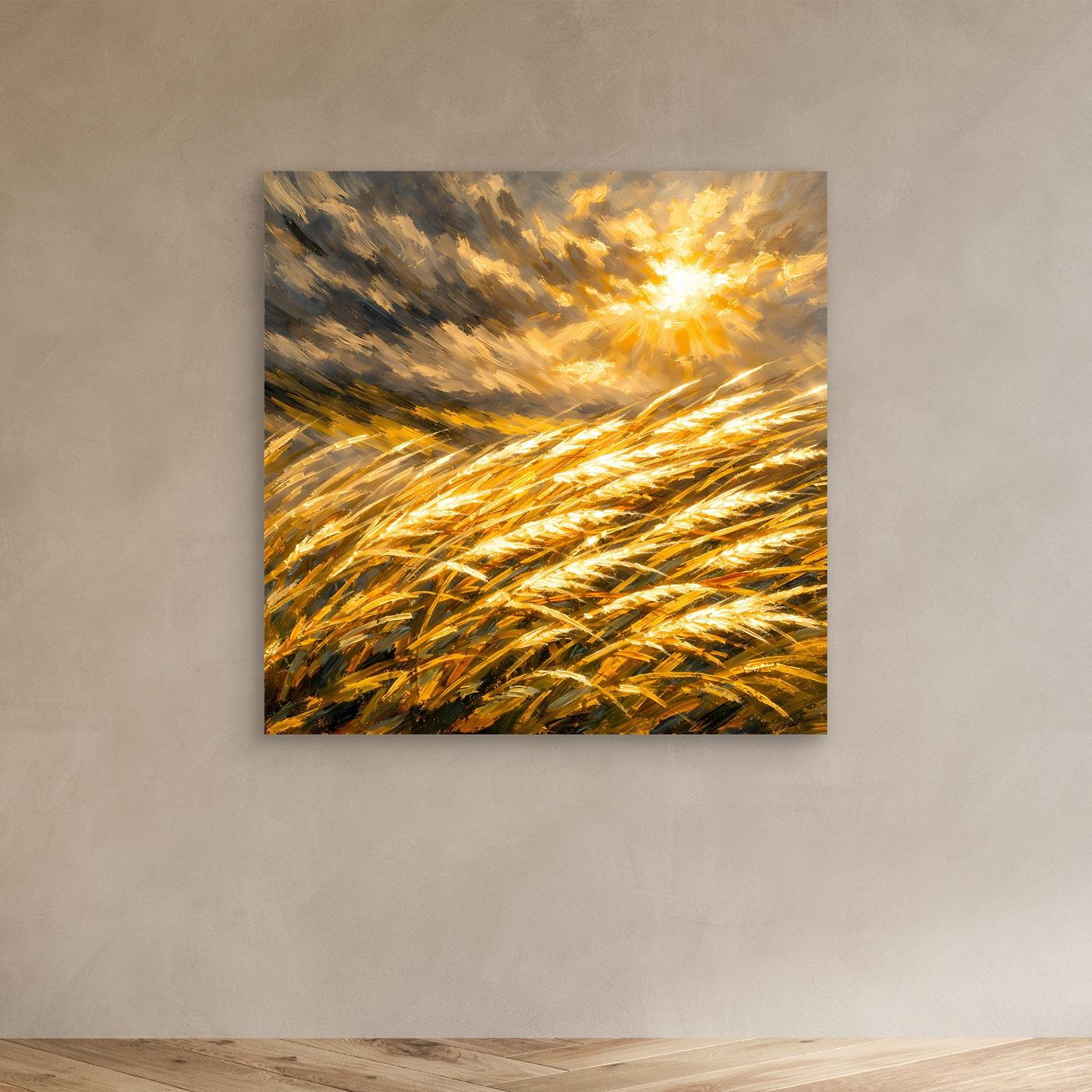 Leinwandbild mit goldenem Weizenfeld und Sonnenuntergang, ohne Rahmen