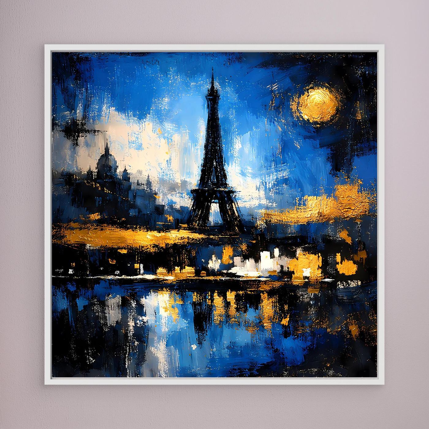 Leinwand-Wandbild mit Eiffelturm-Silhouette und blauem Nachthimmel, Mondlicht und Spiegelung