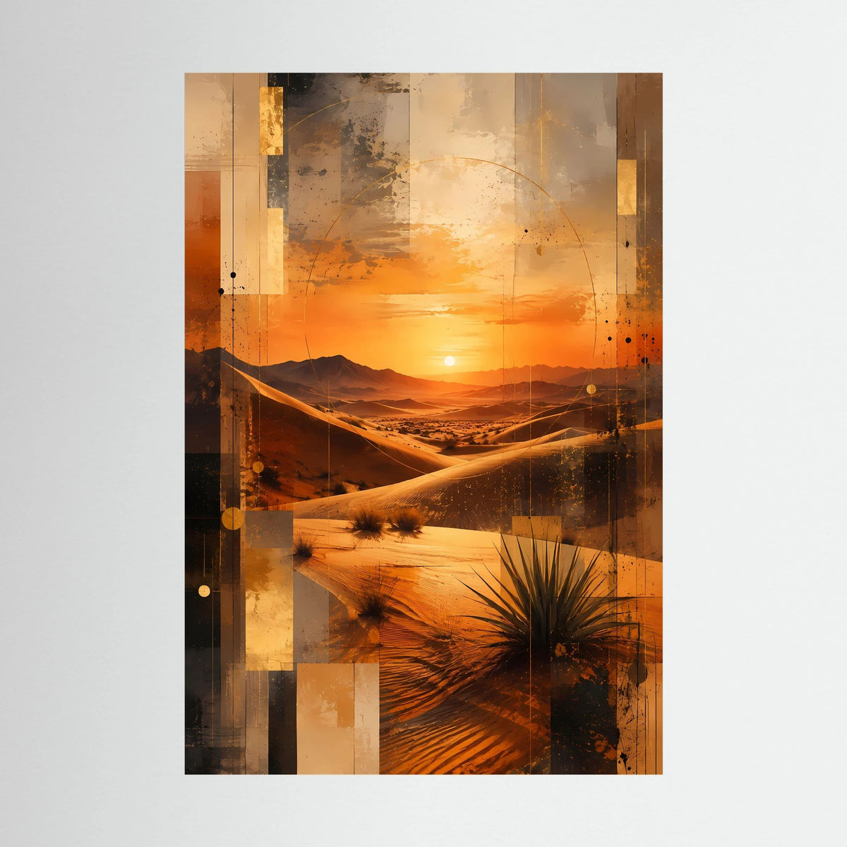 Hochformat-Poster mit abstrakter Wüstenlandschaft: Sonnenuntergang über Dünen, Orange und Schwarz