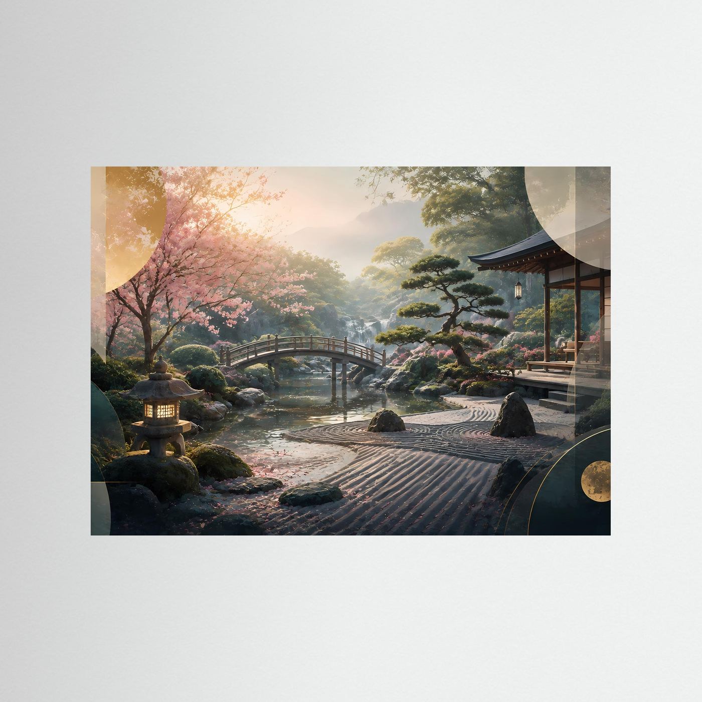 Japanischer Zen Garten Poster Querformat | Kirschblüten, Bonsai & Japanische Brücke | Asiatisches Wandbild in Rosa, Grün & Gold