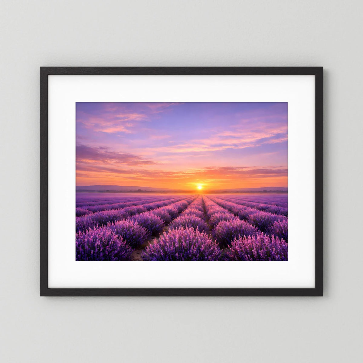 Wandbild im Querformat mit Lavendelfeld und Sonnenuntergang, schwarzer Rahmen