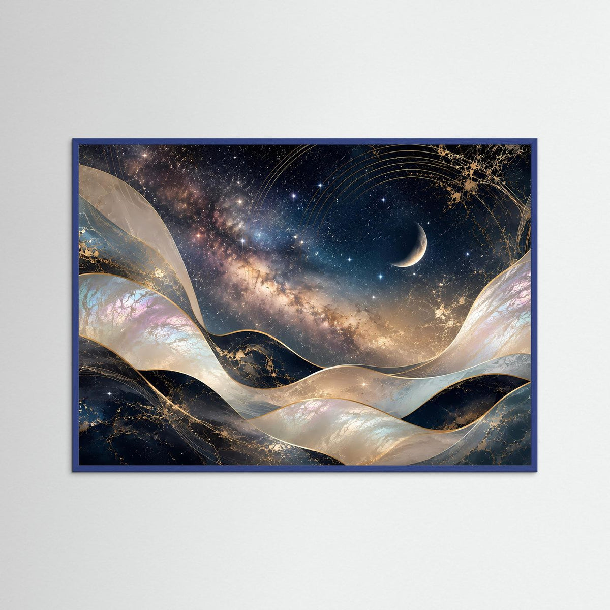 Poster Querformat mit blauem Holzrahmen: Galaxie, Mond und goldene Wellen auf Nachtblau