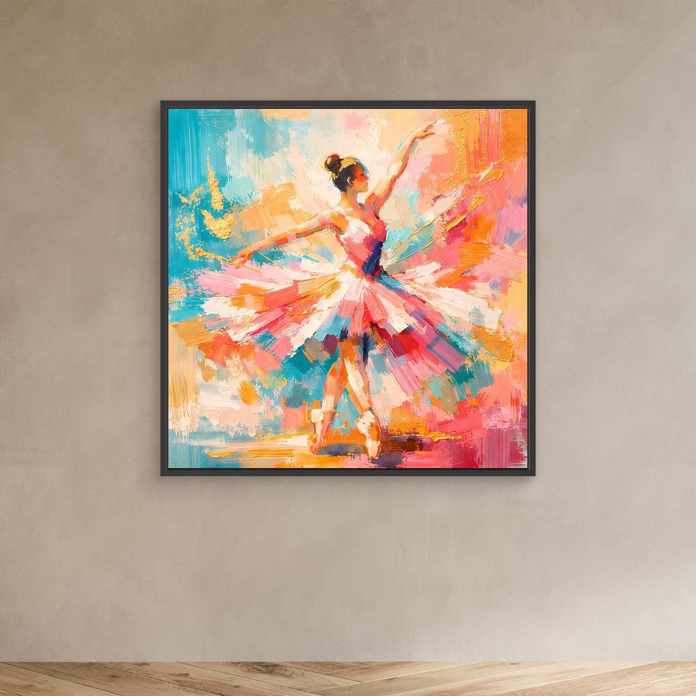 Abstraktes Leinwandbild mit tanzender Ballerina in bunten Farben, schwarz gerahmt