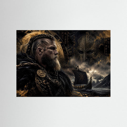 Drachenschiff-Poster im Querformat mit Wikingerkrieger-Porträt und Nord-Szene, ungerahmt
